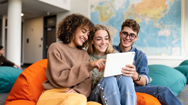 Diverse young adults sharing tablet on cozy bean bags in bright room with world map