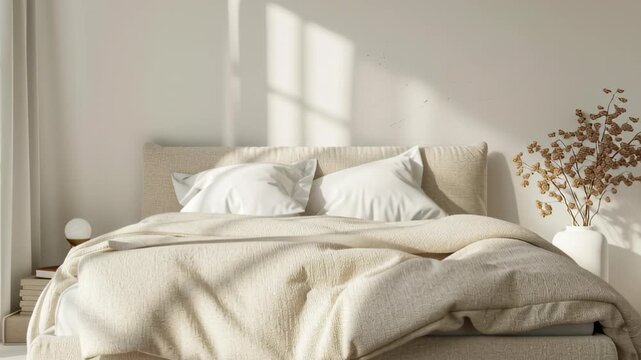 Minimalist bedroom bathed in morning sunlight