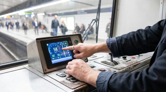 Train operator pointing to a digital touchscreen speedometer on the subway control panel