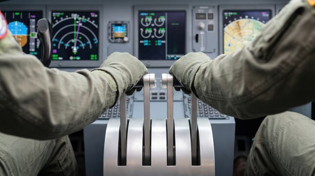 Hands of an airplane pilot pushing the throttle levers forward in the cockpit