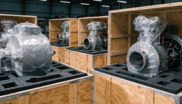 Medium shot of pumps neatly secured in export crates featuring protective foam and plastic wrap for safe overseas shipping in an industrial packaging area.