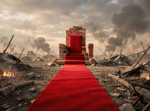 A red carpet on the ground amidst a pile of rubble, great for conceptual scenes or environmental portraits