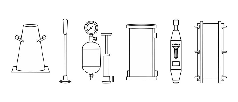 Concrete testing equipment set, construction laboratory tools including slump cone, pressure meter, mold, and hammer for civil engineering quality control analysis, isolated vector line art icons.