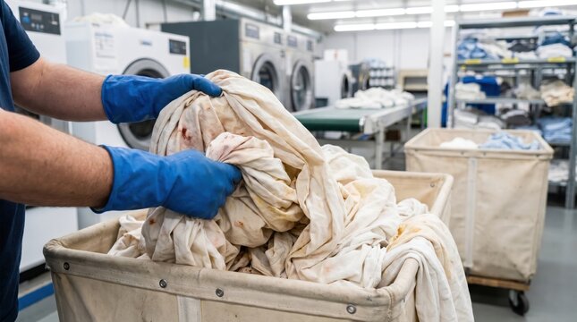 Worker in blue gloves pulling dirty linens from a cart in a commercial laundry