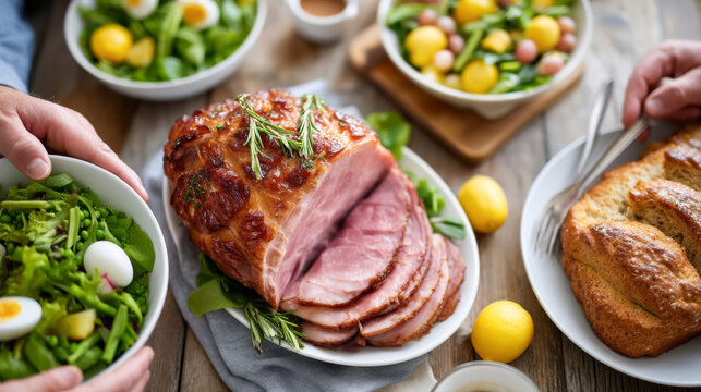 Family gathering around easter brunch table with delicious food and festive decorations