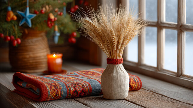 Traditional didukh wheat sheaf by window with candle and festive decor