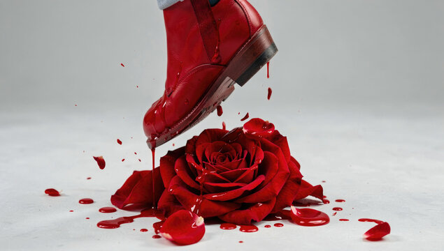 A person's shoe is falling off a red rose, conveying a sense of surprise and humor