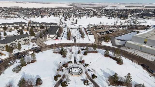 Aerial view captures Hampton Village, Saskatoon's snowy streets