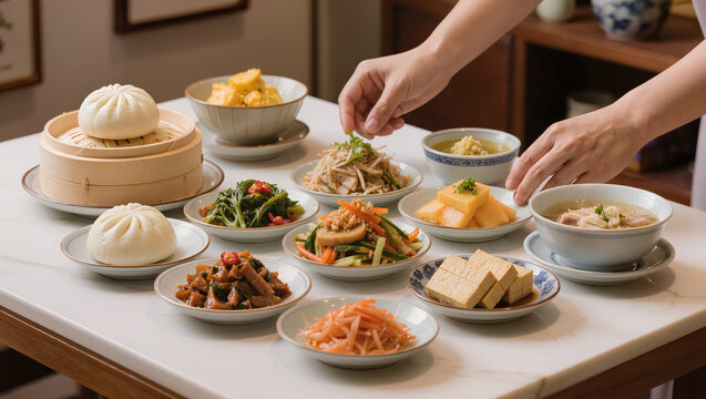 Variety of Asian dumplings and dishes.