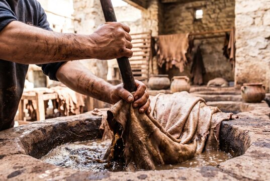 Worker using a wooden pole to agitate leather hides in a stone tanning vat at a traditional tannery