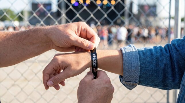 Event staff putting a black VIP access wristband on a guest at an outdoor music festival