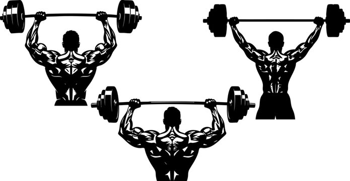 Bodybuilder weightlifting silhouette vector set, muscular athlete lifting heavy barbell overhead, fitness gym workout icons for bodybuilding