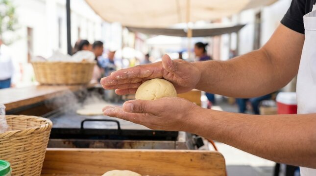 Street food vendor forming a fresh ball of corn masa dough by hand at an outdoor market