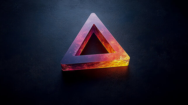 Radiant, glowing triangular prism with molten fiery textures and vibrant colors, casting warm light on dark, textured surface, representing energy and transformation.