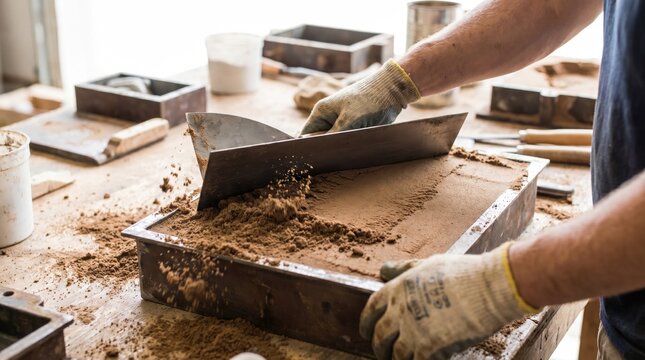 Foundry worker using a metal trowel to pack and level green sand in a casting mold