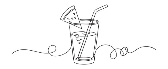 Obraz premium Continuous line drawing of a glass of watermelon juice with a straw and fruit slice garnish for a summer refreshment and healthy hydration drink lifestyle concept