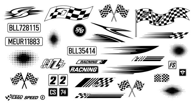 racing decals set with checkered flags license plates and speed lines