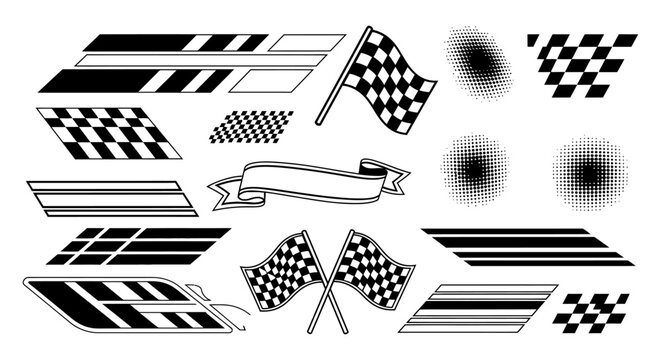 collection of racing checkered flags banners and abstract stripes decals