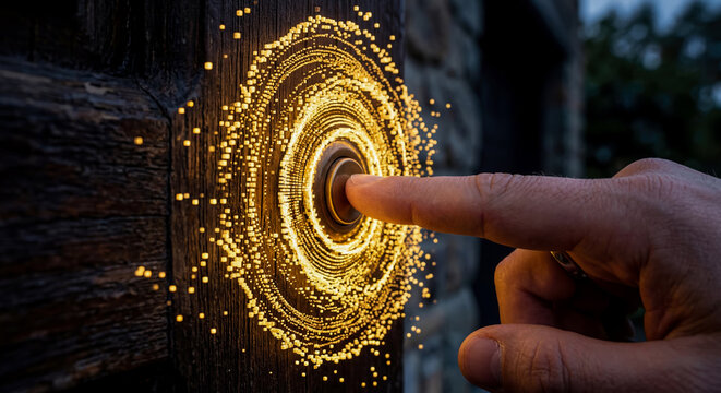 Finger presses vintage doorbell surrounded by mesmerizing, swirling vortex of glowing golden digital particles, evoking sense of futuristic or magical entry into ancient structure.