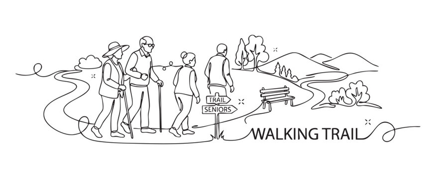 Continuous line drawing of active seniors on a walking trail in nature for an active aging and healthy retirement concept, featuring minimalist vector art in black and white