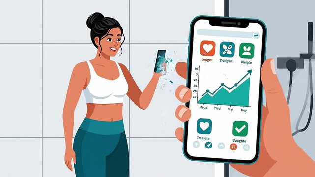 A woman in sportswear stands in a bathroom using a smartphone app to track her health data from a scale. Modern wellness and fitness technology concept. Ideal for health apps or blogs.