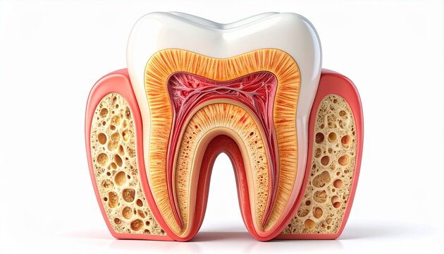Pulpitis - Realistic tooth cross section illustrating severe inflammation and redness in the inner pulp chamber.