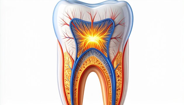 Dentin Hypersensitivity - Realistic molar cross section depicting glowing nerve signals radiating from the core indicating tooth sensitivity.