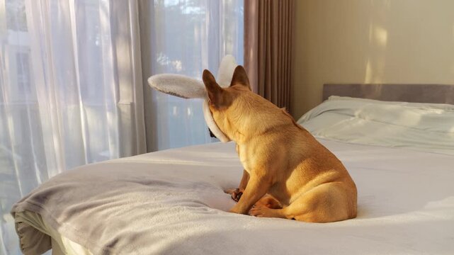 Sorrowful French Bulldog wearing soft bunny ears sits on big bed, portrait shot. Dog appears to be waiting, perhaps for her owner, sitting with funny headpiece with unusually sad expression.