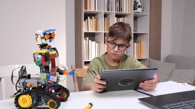 Young boy learning robotics and programming a self made robot with a tablet, engaging in stem education and developing engineering skills at a home desk