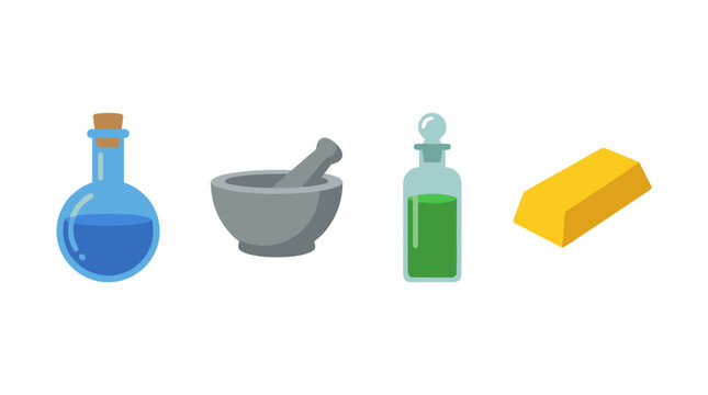 vector alchemy magic potions set with blue glass flask stone mortar pestle green elixir bottle and