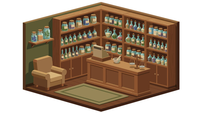vector isometric apothecary herbalist shop interior with shelves bottles wooden counter armchair and rug carpet