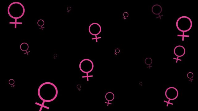 Pink female woman venus feminine gender icon symbol floating animation on black alpha channel background	 