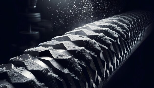 Macro of white chalk dust on sharp metal barbell knurling