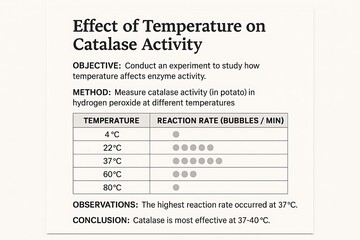 Fototapeta premium “Conduct an experiment to study how temperature affects enzyme activity. Use catalase (e.g., in potato or liver) with hydrogen peroxide, and measure reaction rates at various temperatures. Record you