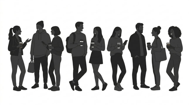 Silhouette of diverse group of people standing in line