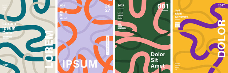 Obraz premium Abstract Wavy Line Poster Vector Collection ; Set of four colorful posters featuring minimalist wavy lines art and bold typography background set. Perfect for modern branding and digital art projects.