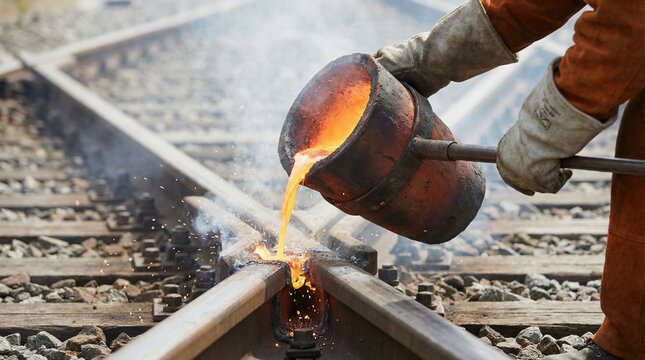 Railway worker pouring glowing orange molten steel from a crucible to thermite weld train tracks
