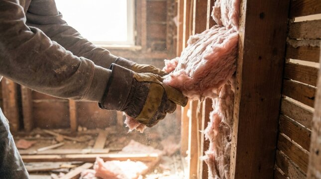 Construction worker installing pink fiberglass batt insulation between wooden wall studs in a house