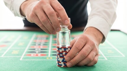 Naklejka premium Casino dealer sorting and stacking colorful poker chips using a clear glass marker on a green table