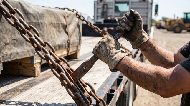 Truck driver securing a heavy load on a flatbed trailer using metal chains and a binder