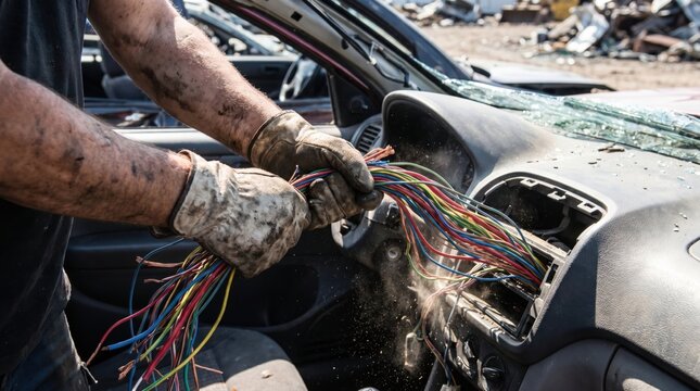 Mechanic pulling a thick bundle of colorful electrical wires from a car dashboard