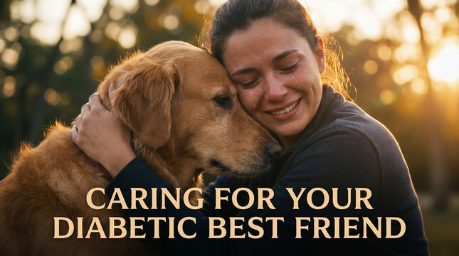 Web banner CARING FOR YOUR DIABETIC BEST FRIEND. Emotional young woman crying while hugging Golden Retriever dog outdoors. Pet loss support. Canine diabetes treatment, symptoms and Insulin-dependent.