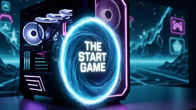 A black game console case against a dark background with neon lighting. A modern video game console, a concept for the digital future.