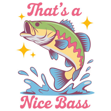 A stylized illustration of a jumping bass fish in a retro 1970s style