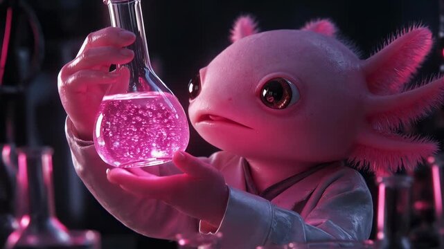 A curious axolotl scientist in a white lab coat holds a glowing pink flask as captured in the video file named A curious axolotl scientist in a white lab coat holds a glowing pink flask.
