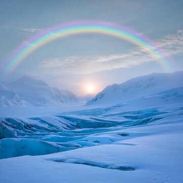 Stunning rainbow over snowy glacier landscape during sunset.