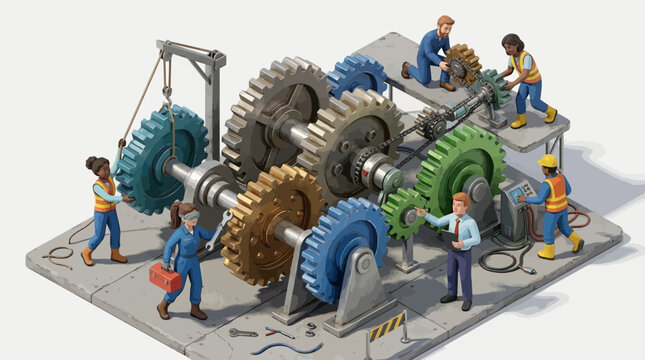 Workers in overalls and safety vests assembling and repairing large colorful gears and machinery