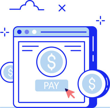 Browser window dollar coins and pay button for digital transaction fintech vector illustration