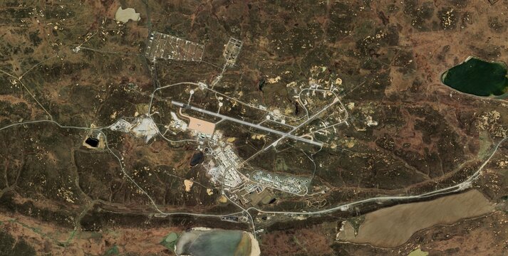 Islas Malvinas (Falkland Islands) &mdash; Mount Pleasant Airport Full Complex Satellite View Runway Barracks and Moorland