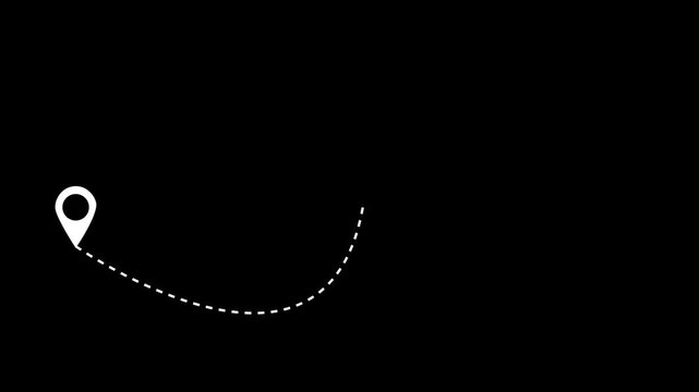 Animated airplane route line, departure and destination markers, smooth dotted travel motion on black background, clean world tourism path design for 4k video cinematic projects and bloggers